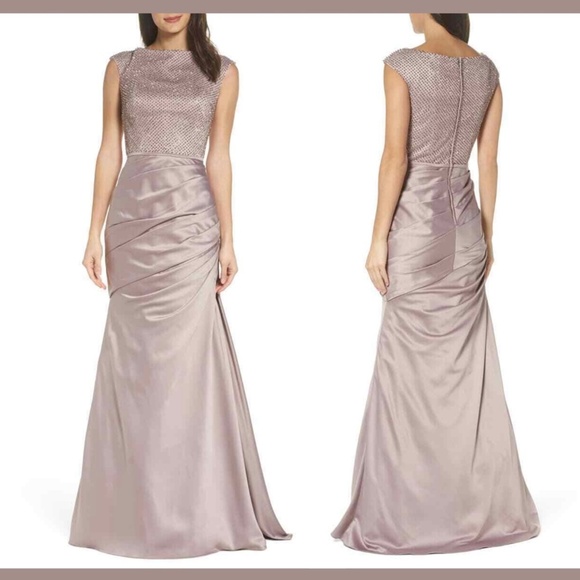 La Femme Dresses & Skirts - NEW La‎ Femme Beaded Top Ruched Crepe Satin Gown [SZ 14 ]